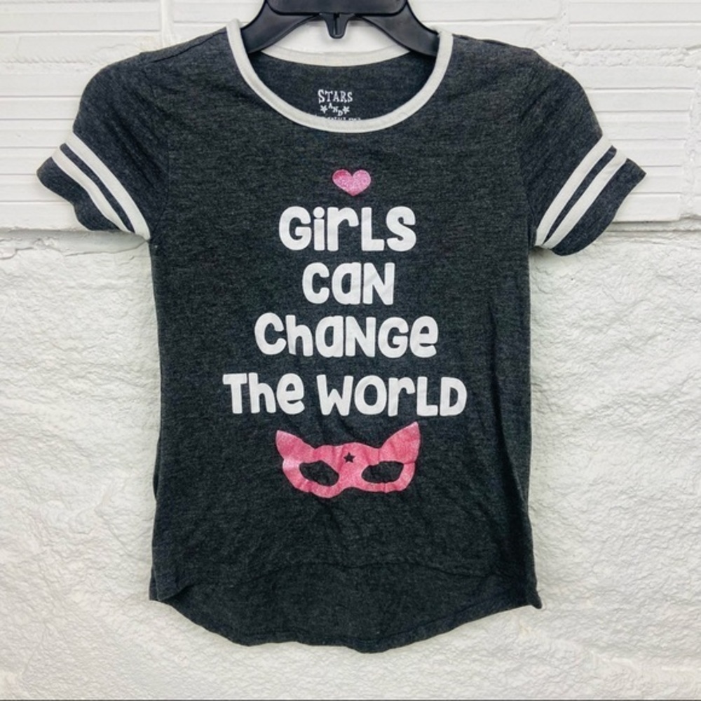 STARS AND SPARKLES gray striped sparkly girls can change the world top SZ large